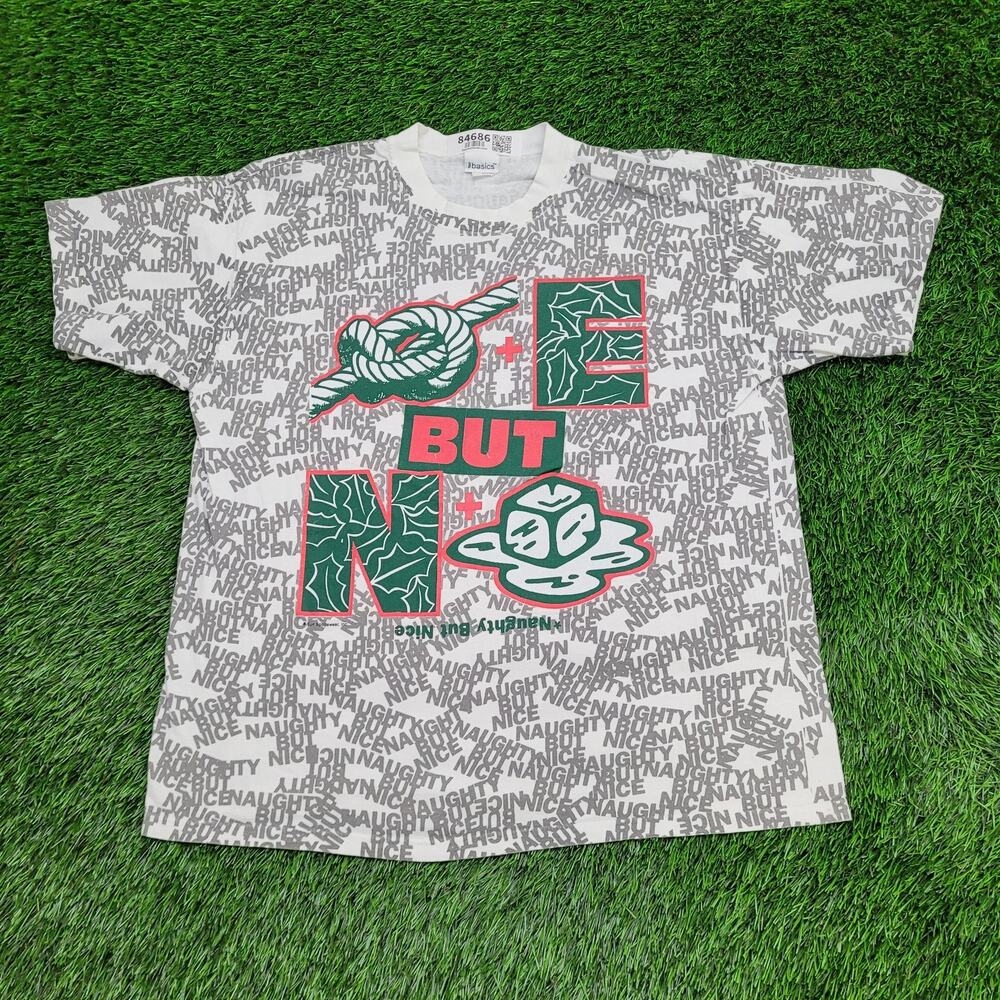Vintage Funny Naughty But Nice AOP Shirt Large 21x26 White Gray